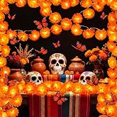 2 Pack Marigold Garland Lights, Dia De Los Muertos Decorations Altar Kit | Total 13 Ft 40 LED Marigold Flowers, 12 Butterfly for Day of The Dead Decor Ofrenda Diwali Indian Fall Halloween Home Decor
