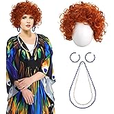 Croloose 5 Pcs Halloween Women Landlady Costume Set with Print Caftan Dress Curly Wig Bead Necklace Earring for Cosplay Party