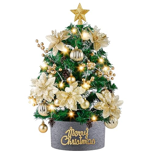 Mini Christmas Tree with Lights: 2ft Tabletop Christmas Tree, Small Artificial Xmas Tree with Star Treetopper, LED String Light & Hanging Ornaments, for Desk Christmas Decors Home Office Party