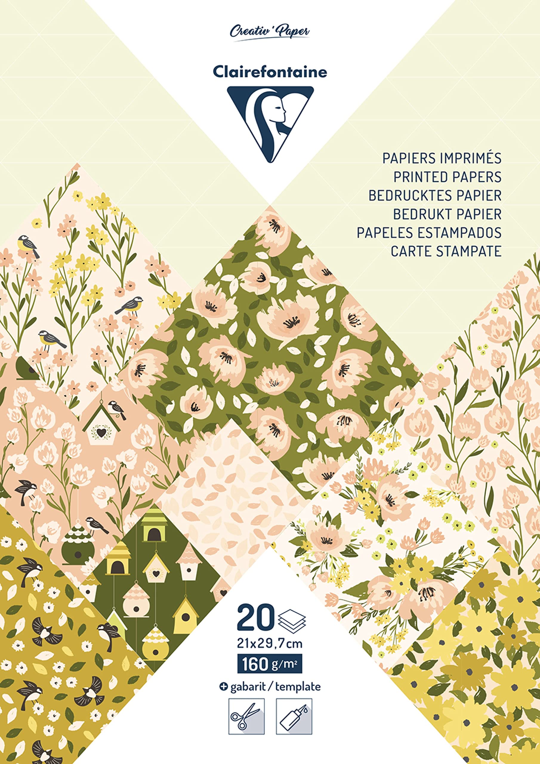 Clairefontaine 95546C - Printed Paper Pad of 20 design Sheets Spring A4 (21x29,7cm) 160gsm 2 sheets of labels to cut Creative Idea Scrapbooking Leisure