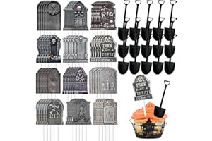 LAIAMER 72PCS Halloween Cupcake Toppers Tombstone Graveyard Cake Toppers Scary Cupcake Decoration Halloween Cupcake Decorations Halloween Food Picks Table Centerpiece Sticks for Party Supplies