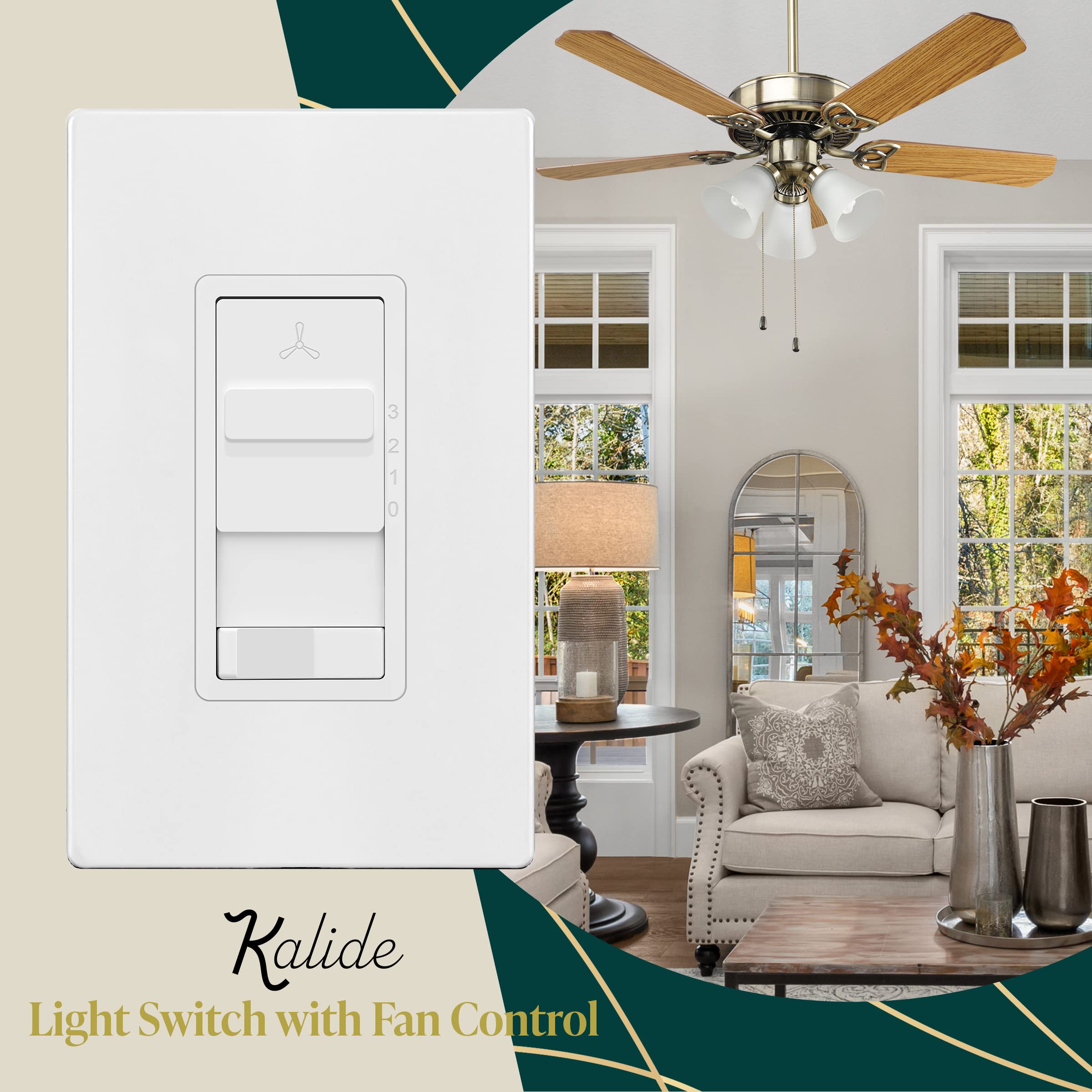 TOPGREENER Kalide Light Switch and 3-Speed Ceiling Fan Control Combo, in Wall Light and Fan Combination Switch, Single Pole, 2.5A, 720W, Neutral Wire Not Required, TGSFS3-W, White
