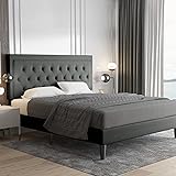 Allewie Queen Size Button Tufted Platform Bed Frame / Fabric Upholstered Bed Frame with Adjustable Headboard / Wood Slat Supp