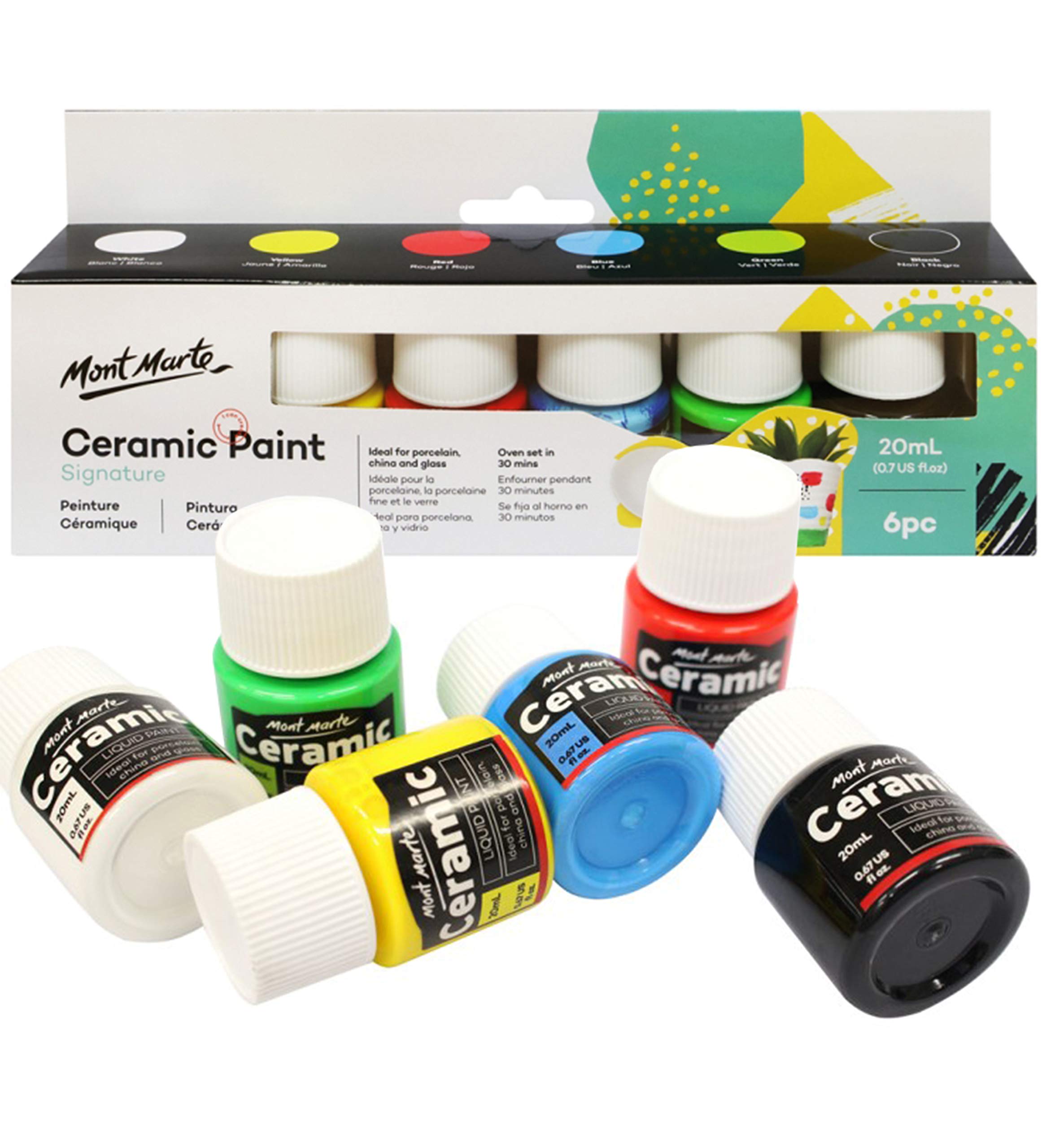 MONT MARTE Ceramic Paint Set - 6 pieces x 20ml - Water resistant Ceramic Colours - Ideal Porcelain Paint for painting Cups, Vases and Bowls