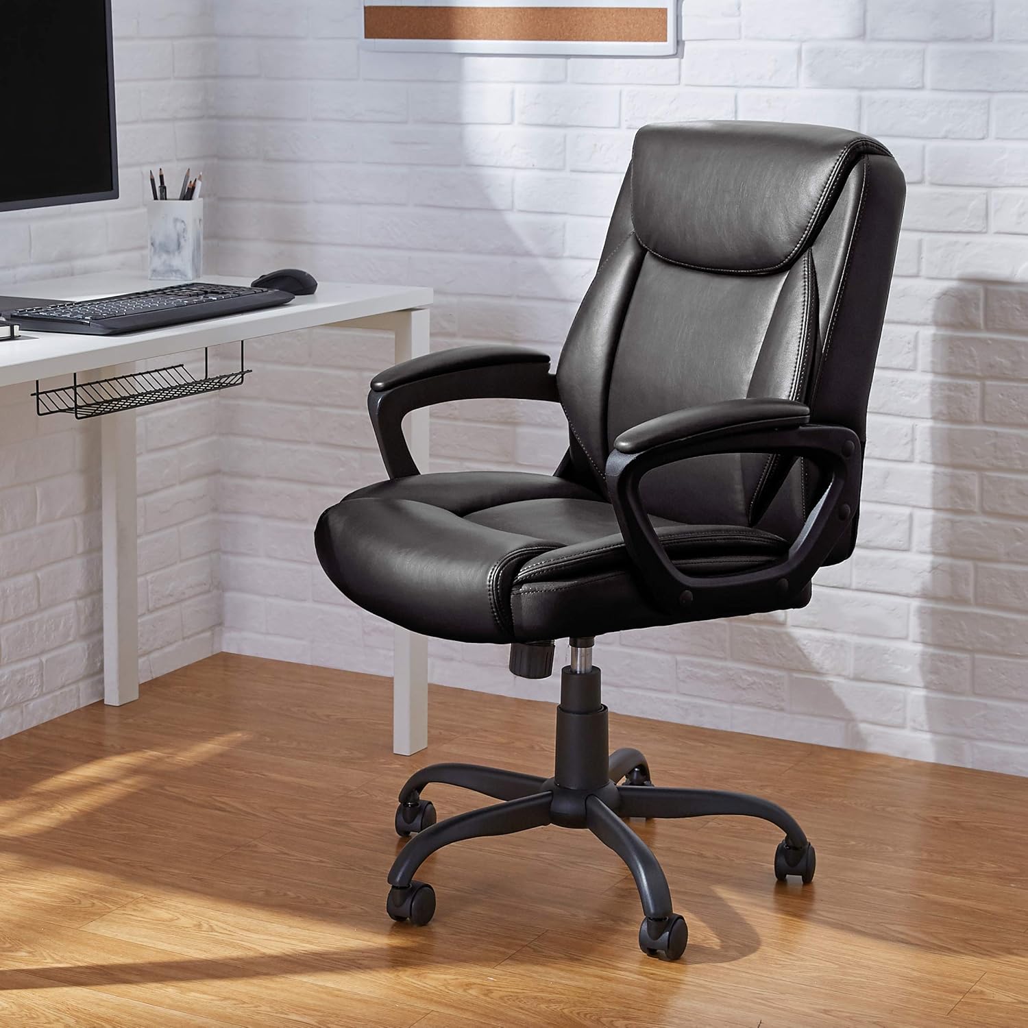 Basics Classic Puresoft PU-Padded Mid-Back Office Computer Desk Chair with Armrest - Black: Furniture & Decor