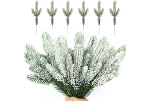 TIANMU 36PCS Christmas Artificial Pine Branches with Snow 10Inch Artificial Pine Needles Frosted Flocked Pine Picks Faux Pine Sprays Stems Twigs for DIY Wreaths Winter Christmas Wedding Holiday
