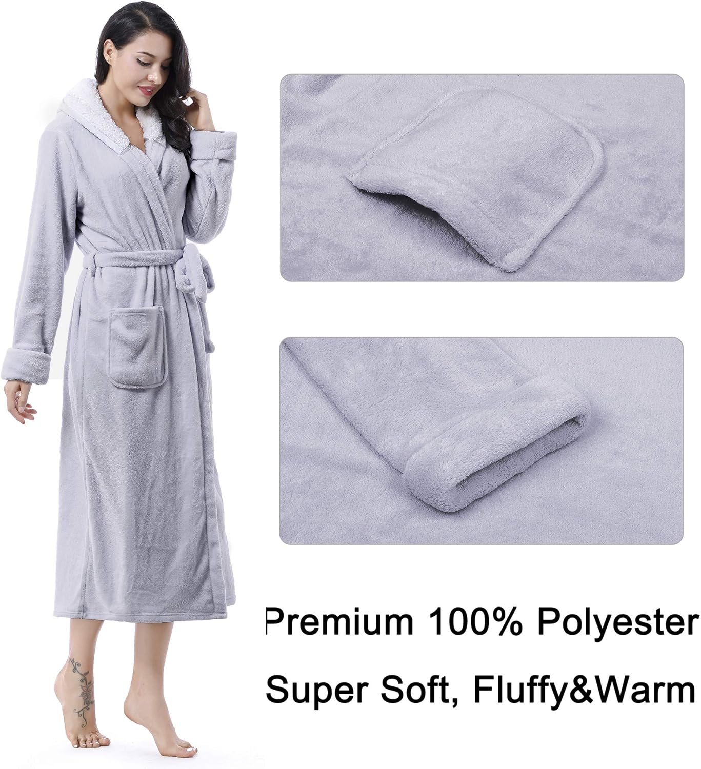 Long Ladies Hood Dressing Gowns Soft Fluffy Thick Bath Robes Women Plush  Winter Night Robe Grey - BigaMart