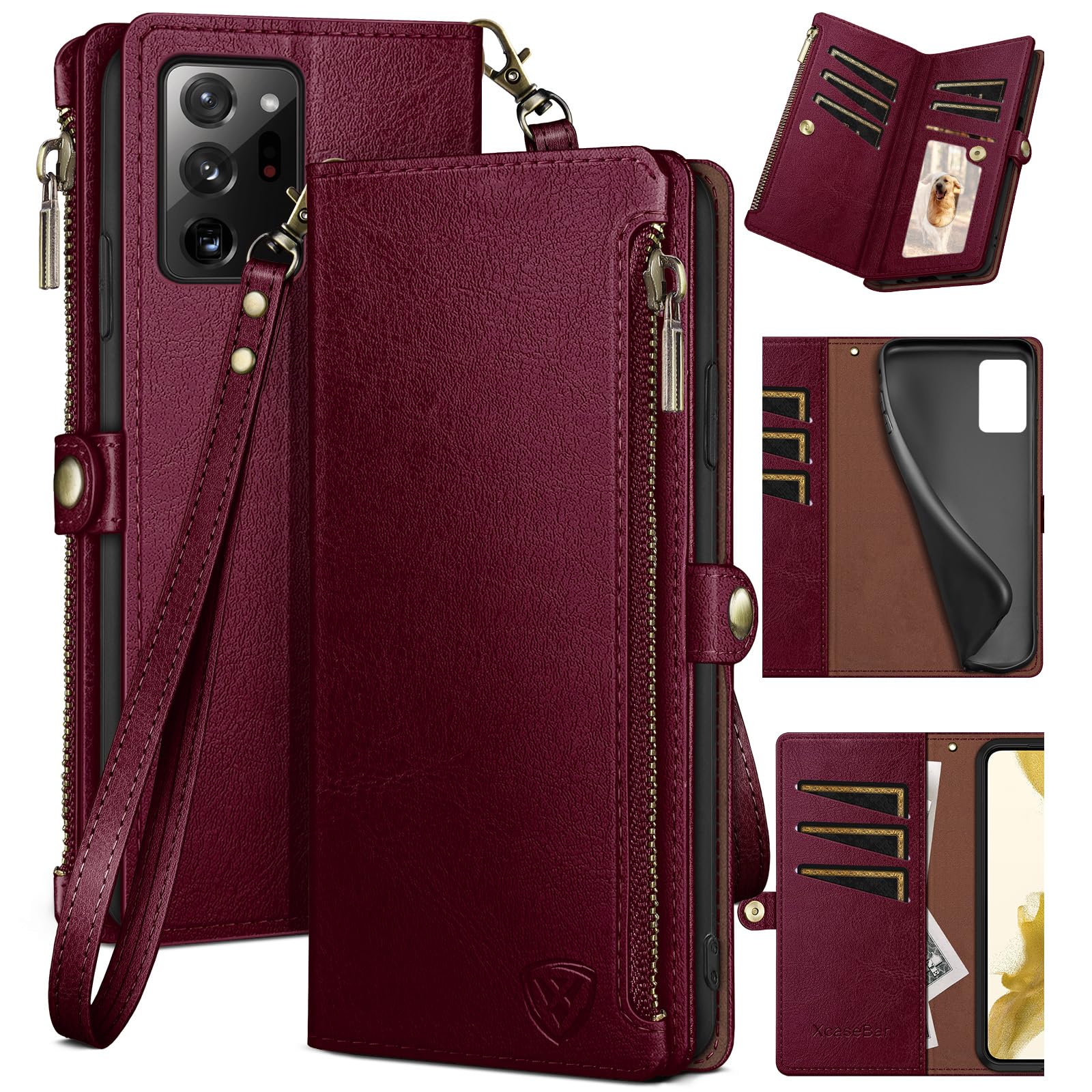 Photo 1 of XcaseBar for Samsung Galaxy Note 20 Ultra Wallet case with Zipper Credit Card Holder?RFID Blocking?, Flip Folio Book PU Leather Phone case Shockproof Cover Women for Samsung Note20Ultra case Wine Red