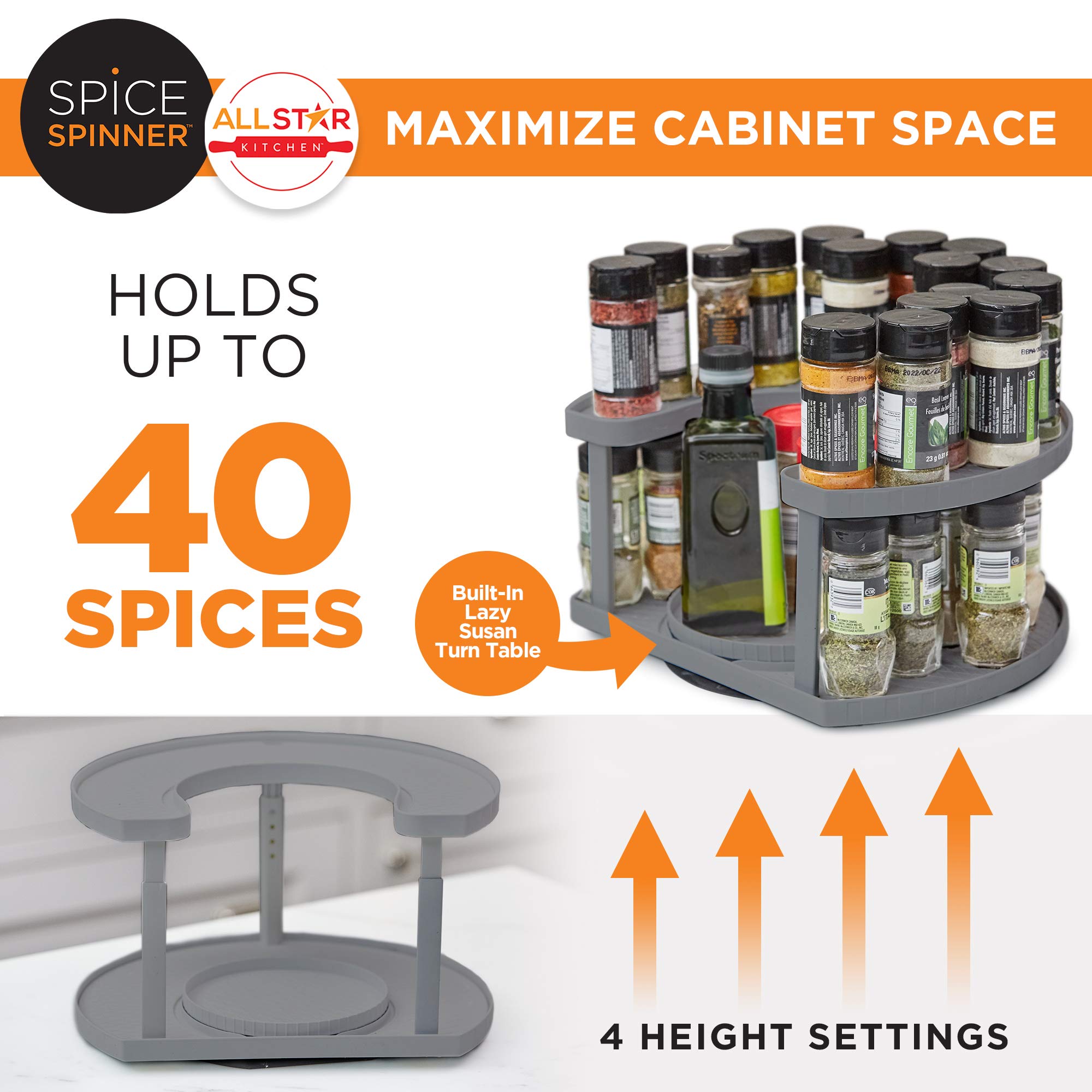 Allstar Innovations Spice Spinner Two-Tiered Spice Organizer & Holder That Saves Space, Keeps Everything Neat, Organized & Within Reach With Dual Spin Turntables- Grey