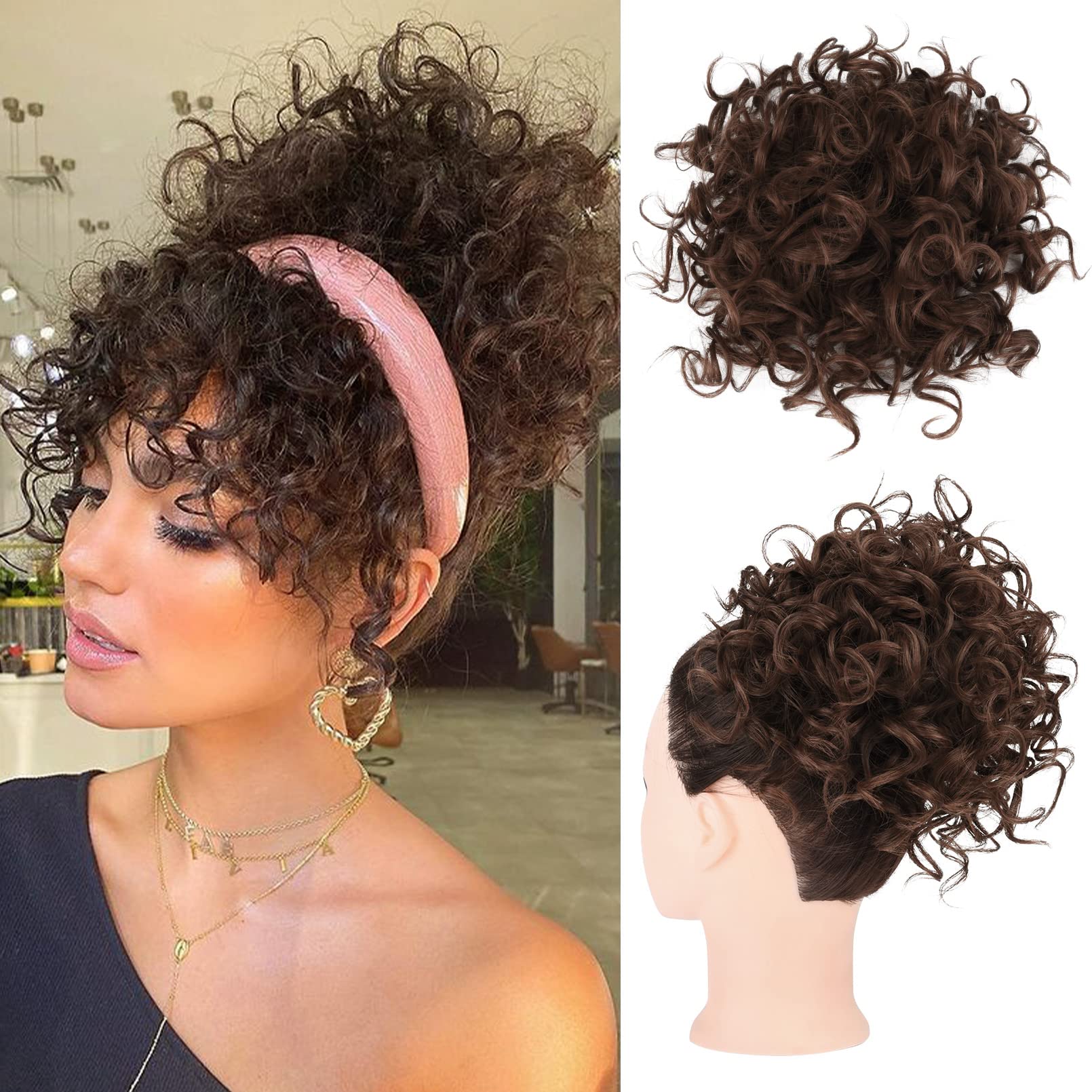 Photo 1 of HOOJIH Curly Hair Bun, Elastic Drawstring Loose Wave Messy Bun 1PC Large Full Hair Bun Extension Hairpiece Short Synthetic Ponytail Extension for Women - Medium Cool Beige Brown