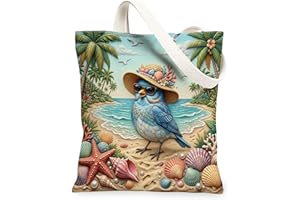 Bluebird Bird Canvas Tote Bag for Shopping 13 * 15, Relief Coastal Beach Shells Reusable Grocery Bag for Women, Tropical Work