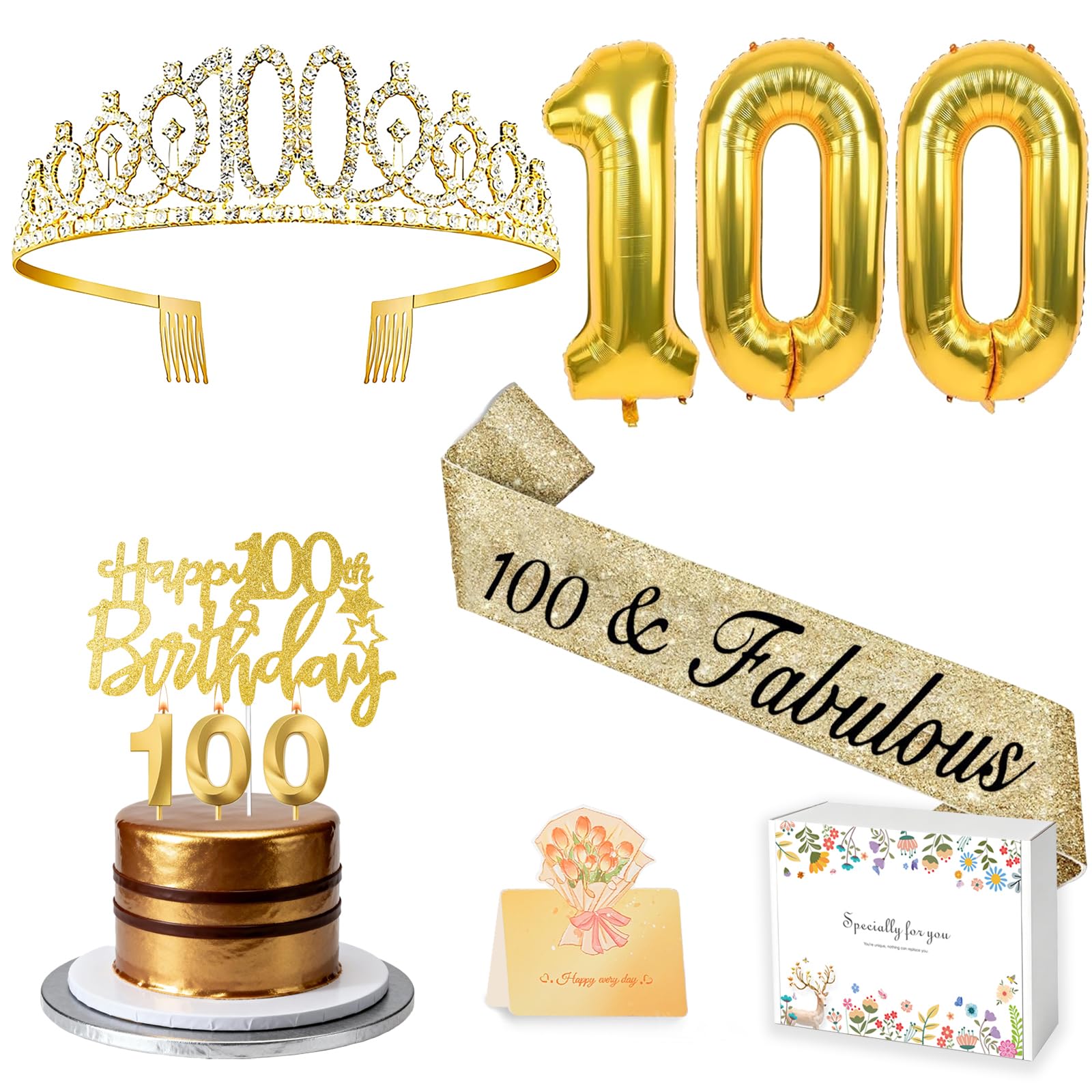 Photo 1 of 100th Birthday Decorations for Women with 100th Birthday Sash and Crown, Number Balloons, Birthday Card, Cake Topper and Candles, Happy 100 year old Female Gifts for Her, Gold