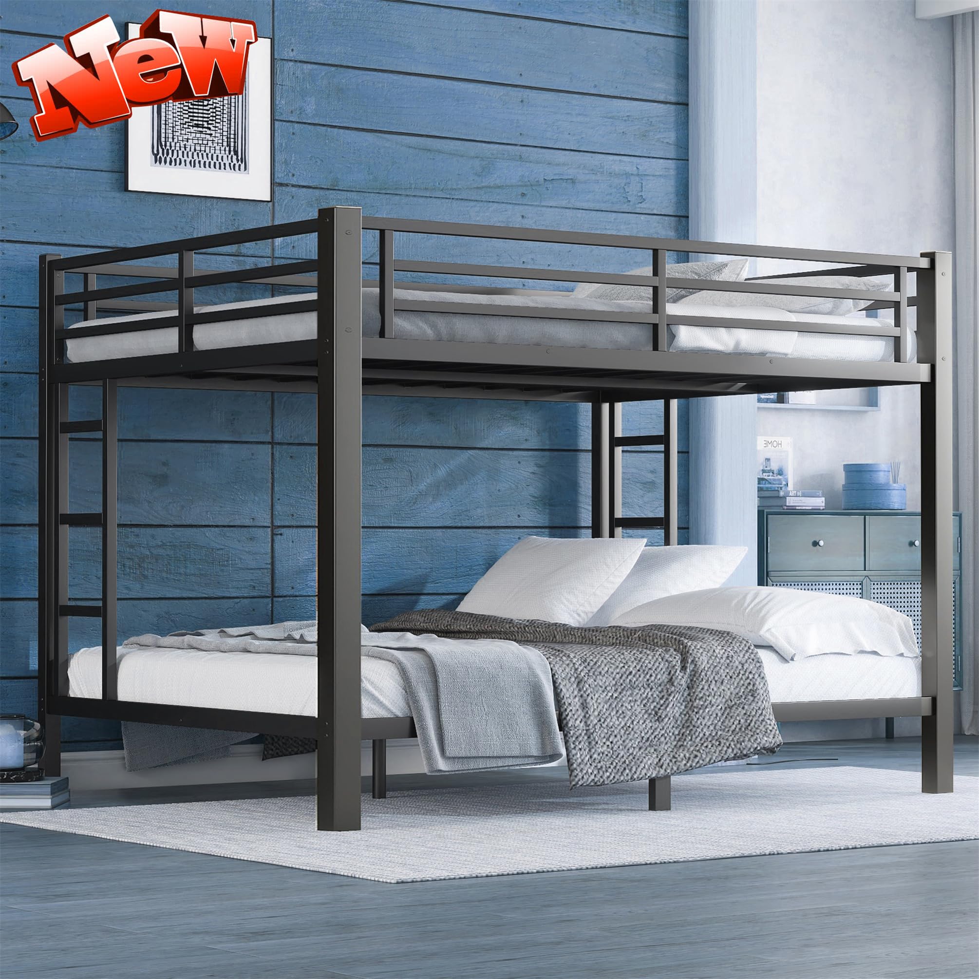 Photo 1 of *SOLD FOR PARTS, PARTIAL SET* LEEKOUS Upgraded Version Thicken Metal Queen Over Queen Bunk Bed, Stronger Heavy Duty Steel Bunk Beds Queen Over Queen Size with Ladder and Guard Rail for Adults, Easy Assembly (Queen Over Queen)