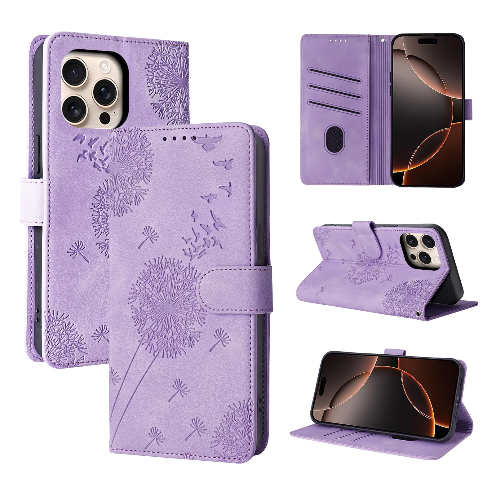 Rostsant Case for iPhone 16 Pro Dandelion Cover Premium PU Leather Flip Phone Case Wallet Card Slots Protective Cover for iPhone 16 Pro Purple — image 1
