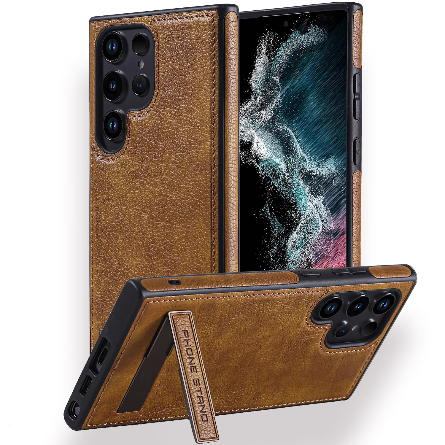 KSELF Leather Case with Stand for Samsung Galaxy S24 Ultra Case, Protective Soft Grip Luxury Cover for Men, Protective Slim Kickstand Shockproof Phone Cases Compatible with S24 Ultra 6.8", Brown