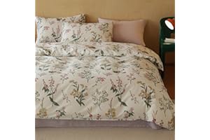 BlueBlue Floral Duvet Cover Set Queen 100% Cotton Bedding for Boys Girls Teens Red Pink Yellow Flower Green Leaf on White 1 Botanical Garden Full Comforter Cover 2 Pillow Shams, Queen