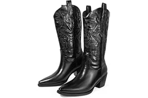 Ouepiano Cowboy Boots for Women - Wide Calf Cowgirl Boots Embroidered Mid-Calf Western Boots