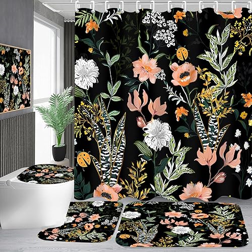 4 Pcs Black Boho Floral Shower Curtain Set Pink Flower Tropical Leaves Plant Flower Bathroom Set with Shower Curtain and Rugs, Cute Botanical Dark Decorative Bath Curtain with Hooks for Home Decor