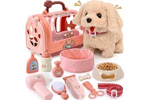 Golray Dog Toys for Kids Girls, Electronic Interactive Walking Barking Dog with 12 Pcs Carrier & Accessories Toddler Girl Toy Dog Puppy Pet Care Pretend Play Set, Birthday Gift for Little Girl 3 4 5 6