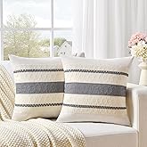 Fancy Homi Set of 2 Neutral Grey Farmhouse Decorative Throw Pillow Covers 16x16 Inch for Couch Bed Chair Indoors, Vintage Country Rustic Retro Room Decor, Soft Thick Cotton Handmade Woven Cushion Case