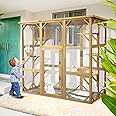 JOVNO Large Outdoor Cat House Catio Kitty Enclosure with Large Enter Door, Wooden Cat Cage Condo Indoor Playpen with 6 Platforms & Small House (Nature Wood)