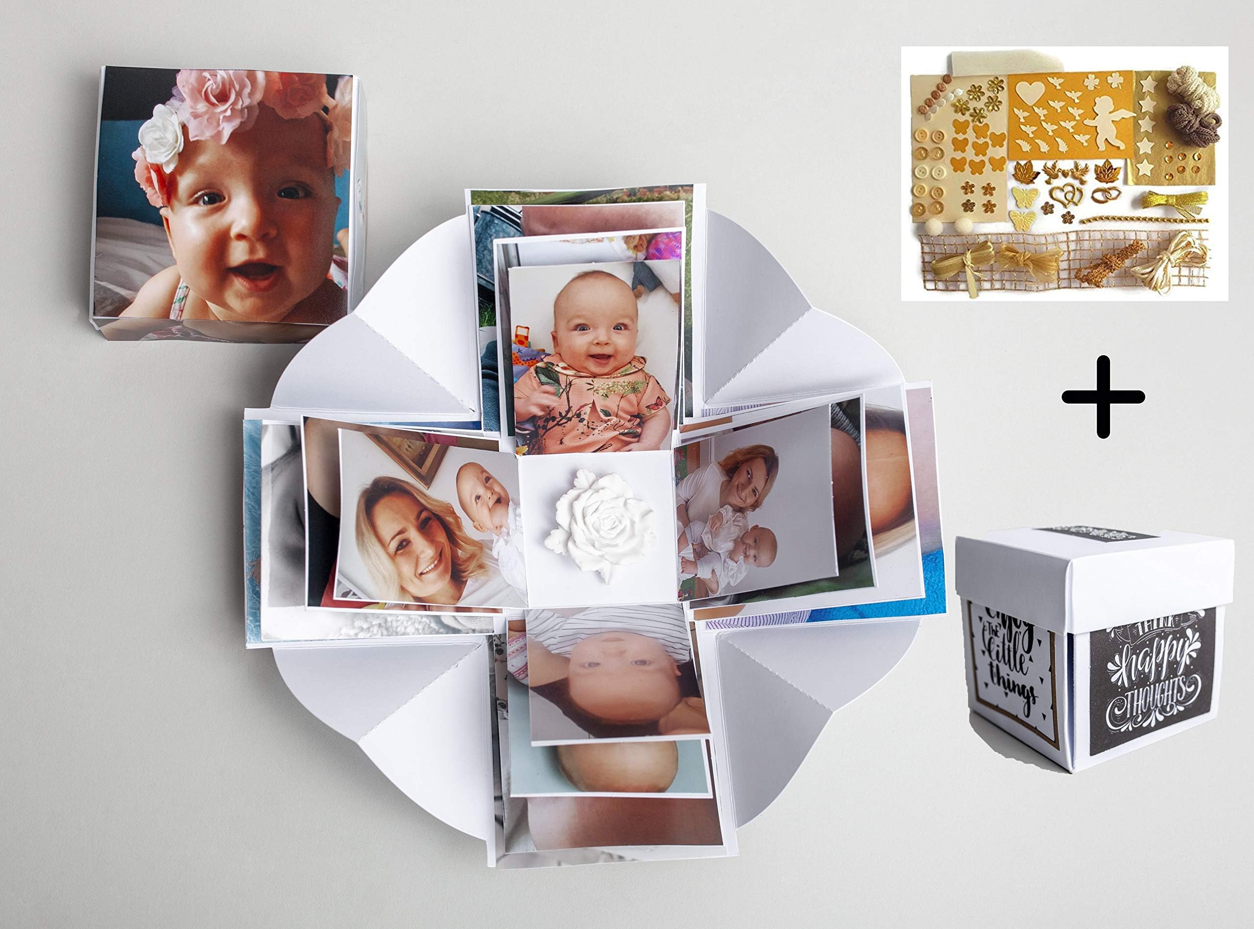 Happy Memories Explosion Photo Box/Creative DIY Handmade Photo Album with Scrapbooking Accessoriees/Memory Gift Box for Birthday, Valentine, Anniversary, Wedding, Christmas, Motherโs Day (Gold)