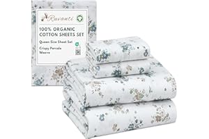 RUVANTI 100% Organic Cotton Sheets Queen Size, Percale Weave, GOTS Certified, 4-Piece Set, Deep Pocket 15", Crisp & Breathable, Soft Durable Bedding, Sábanas Algodón Orgánico – Halcyon