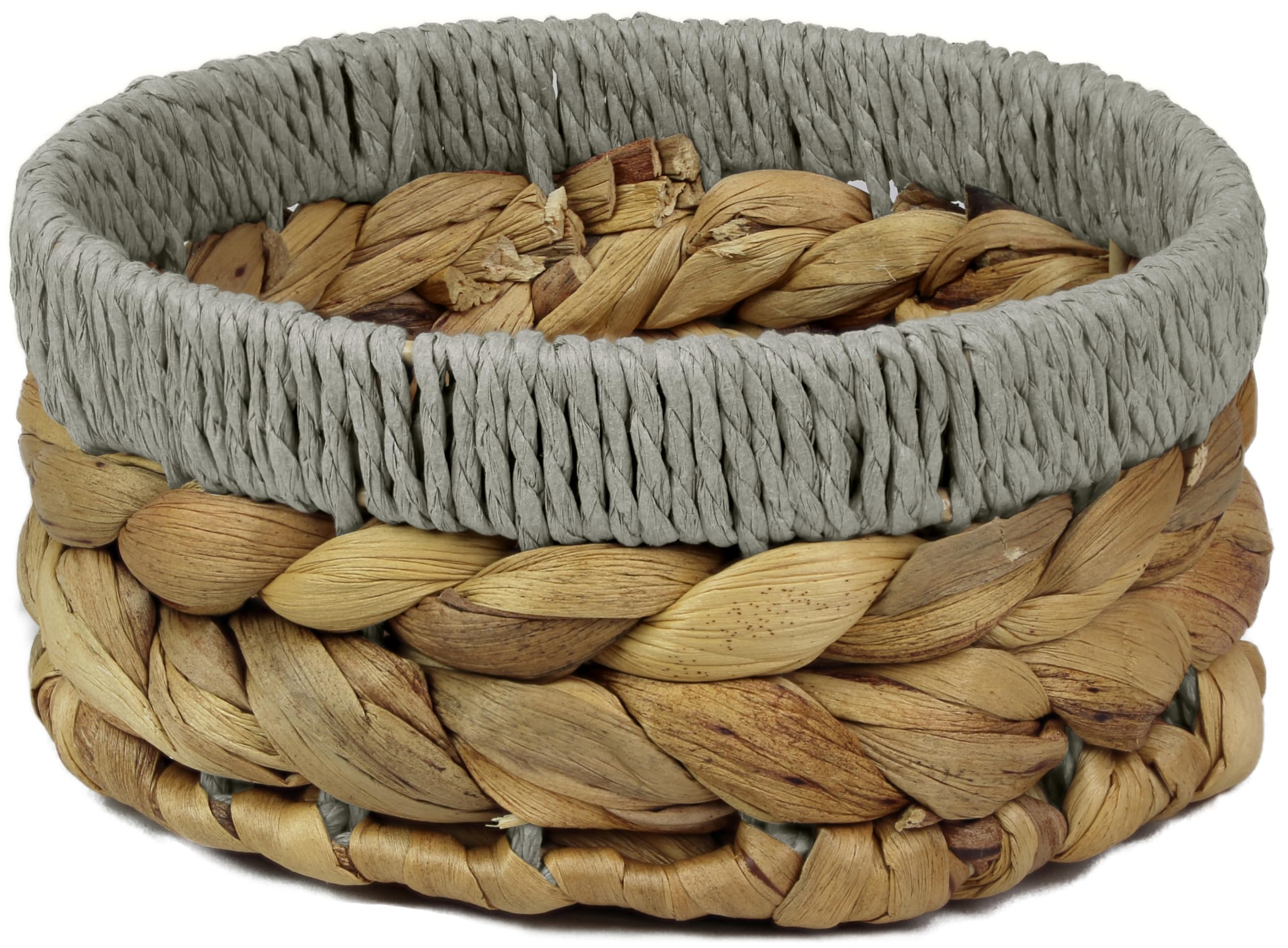 Small Water Hyacinth round baskets for storage Natural Light Grey edges for shelves open hamper. Decorative gift mini tray make up Kitchen organiser (1 x Pack, Medium 18cm)