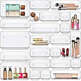 Masirs Clear Drawer Organizer Set - 25 Piece Plastic Storage Bins for Desk, Bathroom, Kitchen, Vanity - Modular Tray System for Makeup, Office Supplies, and Small Item Organization