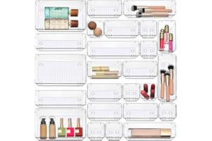 Masirs Clear Drawer Organizer Set - 25 Piece Plastic Storage Bins for Desk, Bathroom, Kitchen, Vanity - Modular Tray System for Makeup, Office Supplies, and Small Item Organization