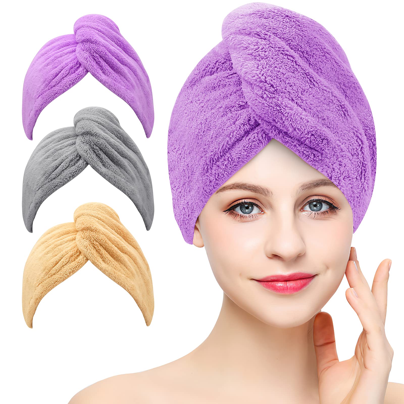 Laicky 3 Pack Microfiber Hair Drying Towel Wrap Super Absorbent Twist Turban Fast Dry Hair Caps with Buttons Bath Loop Fasten Salon Dry Hair Hat (Gray Khaki Purple)