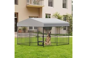 Large Outdoor Dog Kennel (10x10x6FT), Heavy Duty Metal Dog Cage with Rotating Feeding Bowl, Waterproof Roof Cover and Lock, f