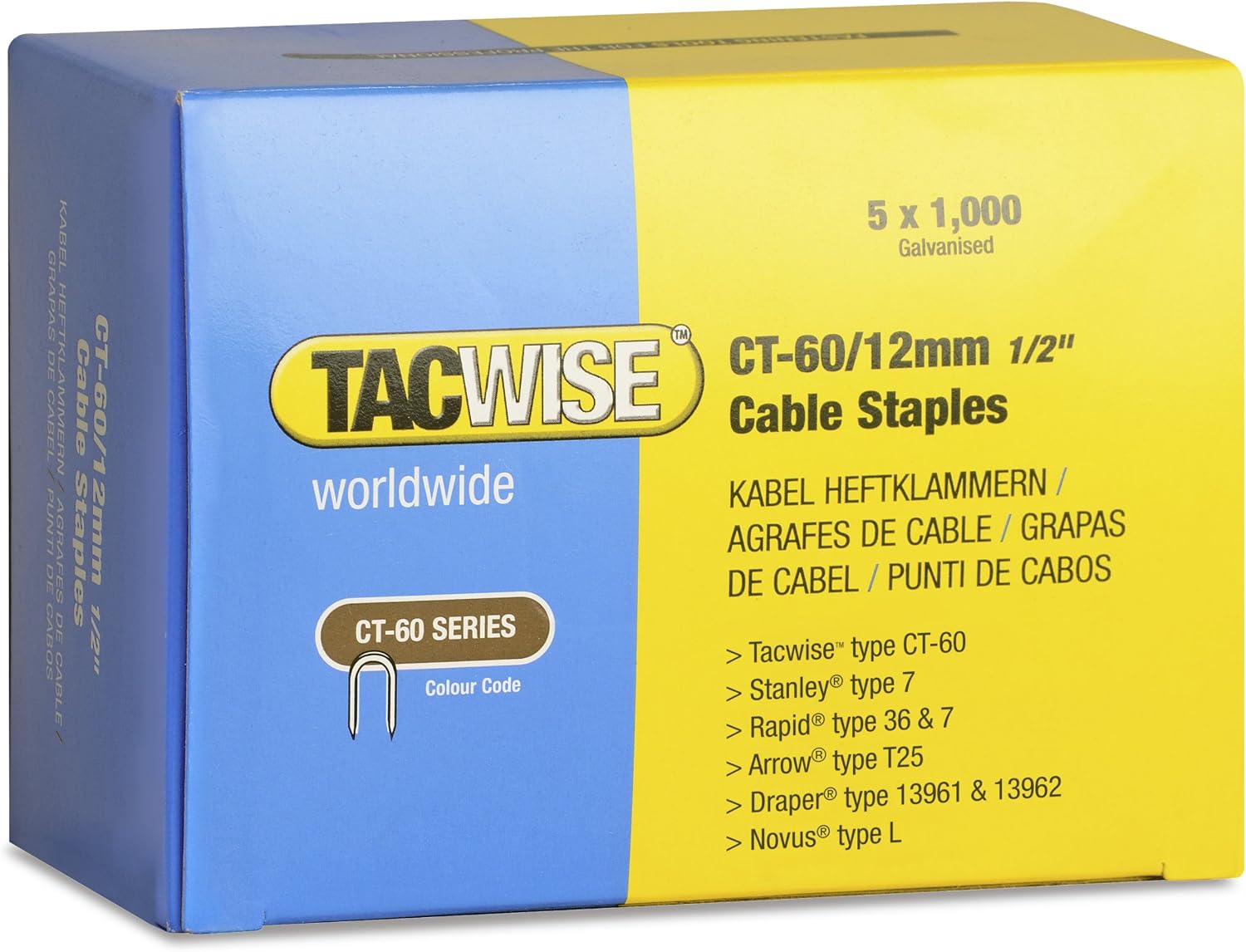 Tacwise 0355 Type CT-60 / 12 mm Galvanised Steel Cable Staples, Divergent Point, Pack of 5000, Silver