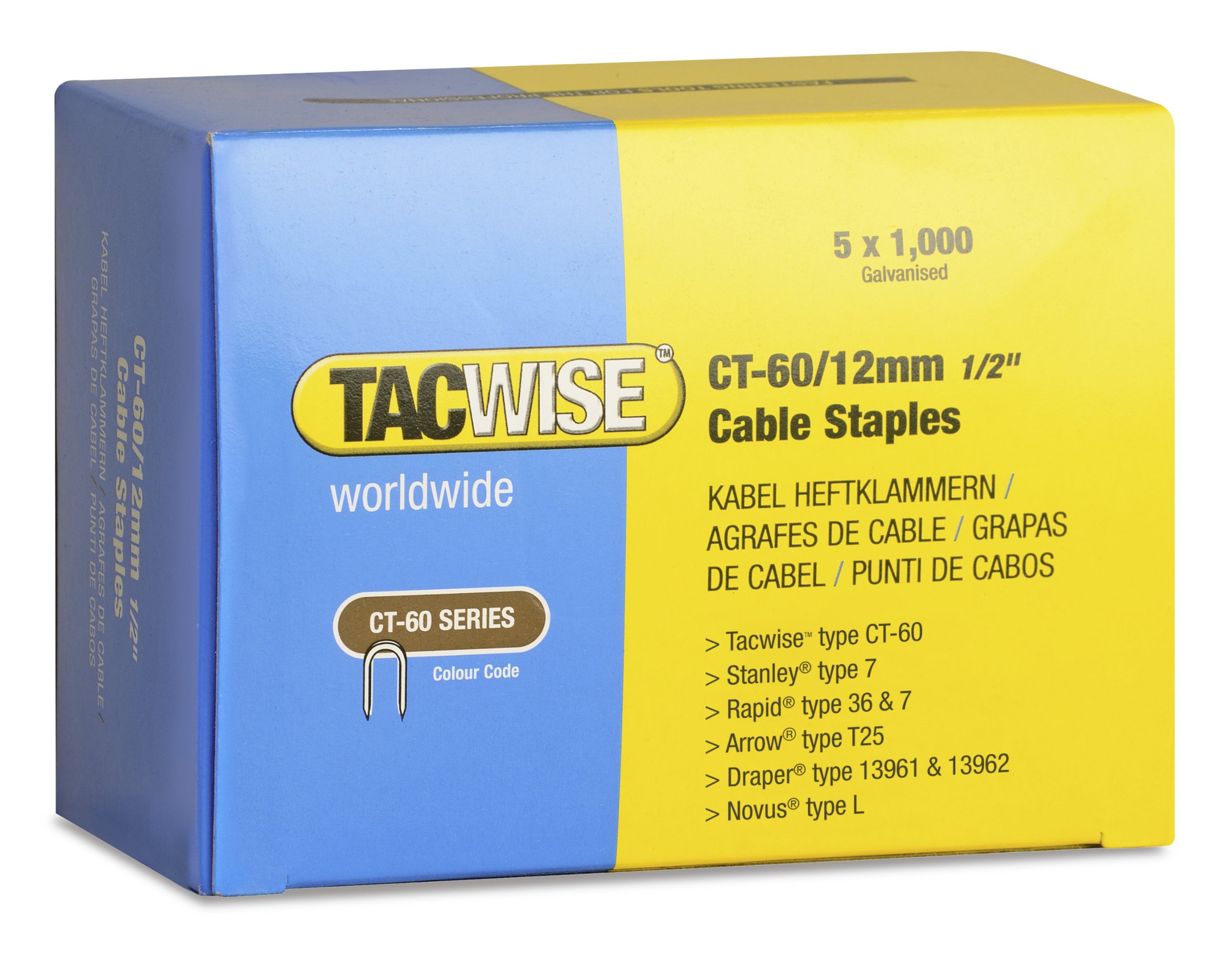 Tacwise 0355 Type CT-60 / 12 mm Galvanised Steel Cable Staples, Divergent Point, Pack of 5000