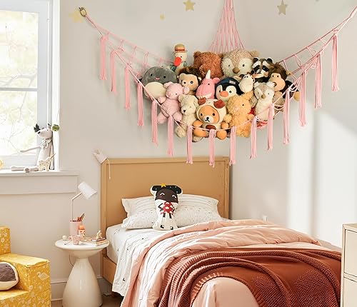Large Stuffed Animal Storage Hammock Corner Net Pink Room Decor