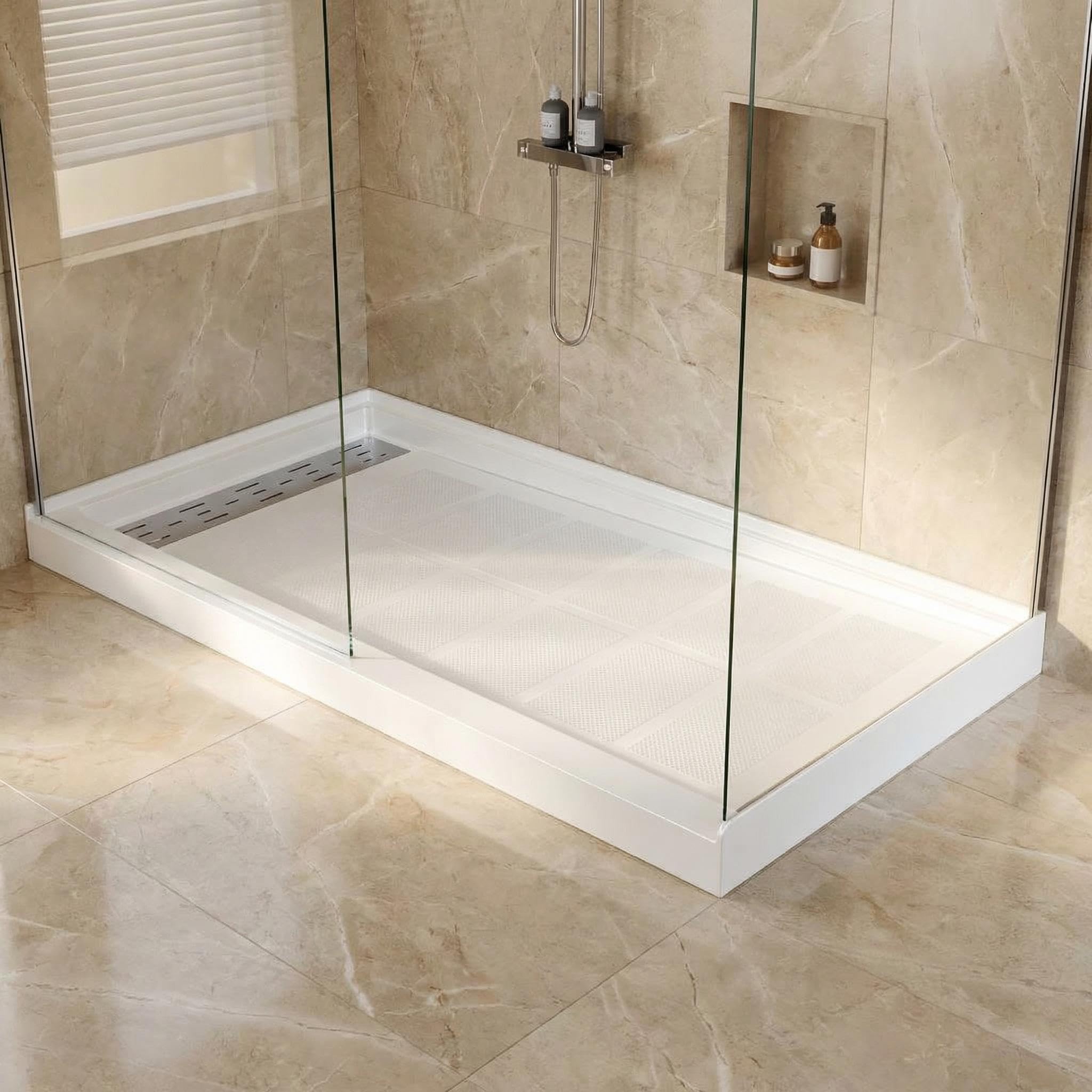 Photo 1 of ***FOR PARTS ONLY / HAS A CRACKED CORNER *** Shower Pan 60" x 36", Non-Slip Shower Base with Left Drain & 3-Sided Splash Guard, Includes 304 Stainless Steel Long Drain Cover & Drain Assembly, White