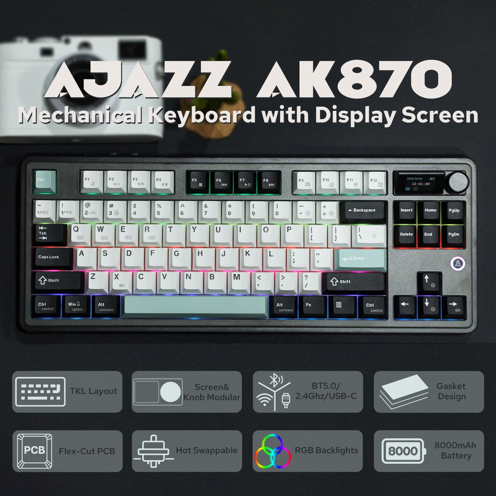 MechLands Ajazz AK870 87 Keys Gasket-Mounted Wireless Gaming Keyboard with Hot Swap Screen & Knob, BT5.0/2.4GHz/USB-C Mechanical Keyboard, with 5-Layer Padding for Win/Mac (Black, Maillard Switch)