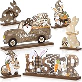 Capoda 6 Pcs Easter Table Signs Wooden Rustic Happy Easter Table Centerpiece Farmhouse Bunny Sign Decoration Eggs Truck Gnome Topper for Home Office Spring Holiday Party Decor Gift Supplies