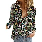 Hawaiian Button Down Shirts for Women Halloween Thankgiving Christmas Valentines St Patricks Long Sleeve Tops Blouse