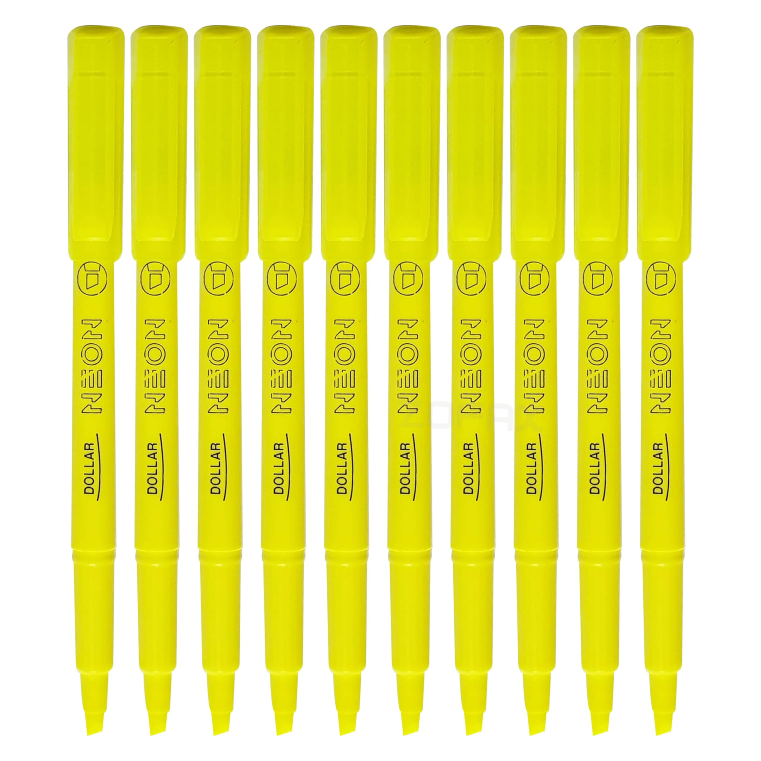 DOLLAR Neon Highlighter Pens, YELLOW, Pack of 10, Chisel Tip (1-4mm), Multipack, Fast-drying, Fluorescent Colour, Perfect for School Office Home Highlighters