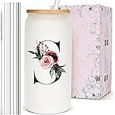 Customized Personalized Gifts for Women, Cute Initial Glass Cups with Lids and Straws, Letter Iced Coffee Cup, Monogram Drinking Glasses Tumbler Mug, Mothers Day Gifts for Mom Wife Nana Aunt Niece, S