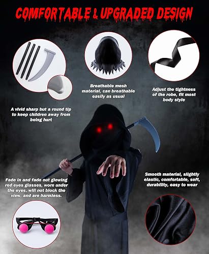 Grim Reaper Costume For Kids - Complete Set With Glowing Red Eyes & Scythe