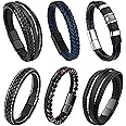 RIOSO 6 Pieces Mens Leather Bracelet Stainless Steel Multi-layer Braided Black Leather Bracelets for Men