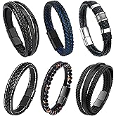 RIOSO 6 Pieces Mens Leather Bracelet Stainless Steel Multi-layer Braided Black Leather Bracelets for Men