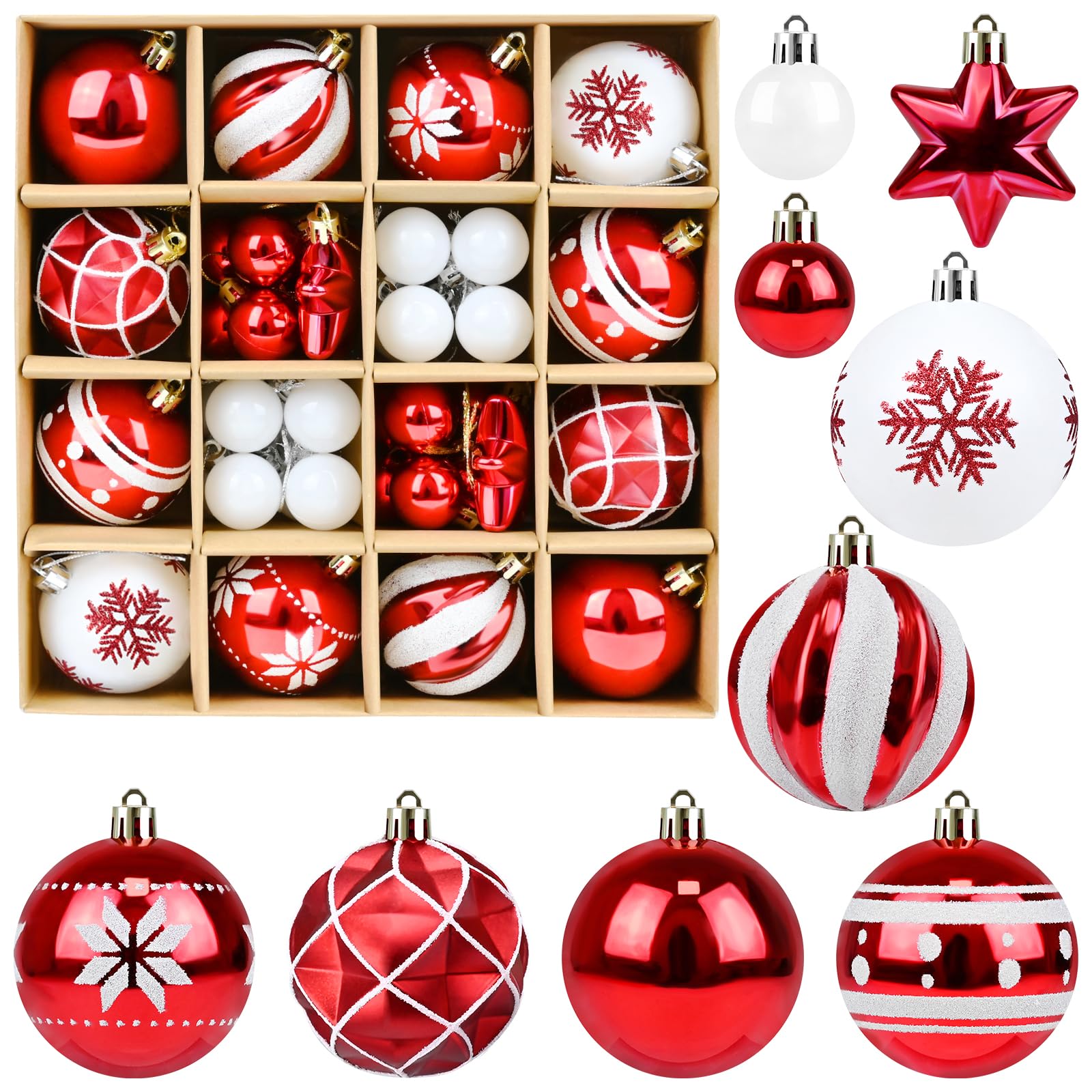 Photo 1 of Red and White Christmas Balls Ornaments - 42pcs Christmas Tree Decorations, Shatterproof Xmas Ball Ornament, Hanging Balls Ornament Decorations for Xmas Tree(Multi Color #10)