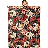 MIEPOS Pug Throw Blanket,50x60in,Soft,Lightweight Flannel,Cute Dog and Vibrant Floral Rose Blankets - Gifts for Adult & Pet Lovers,for Couch Office Travel,Home Living Room Decor