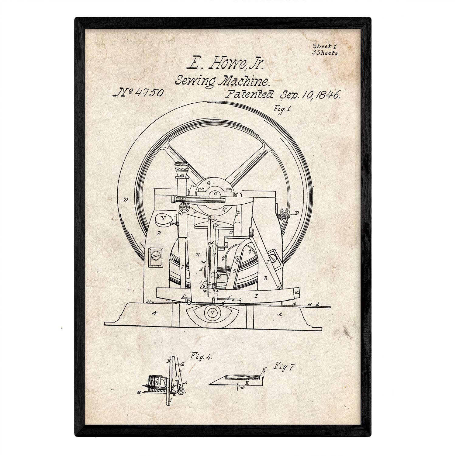 Nacnic Poster patent sewing machine 2. Plate with old design patent in A3 size and vintage background