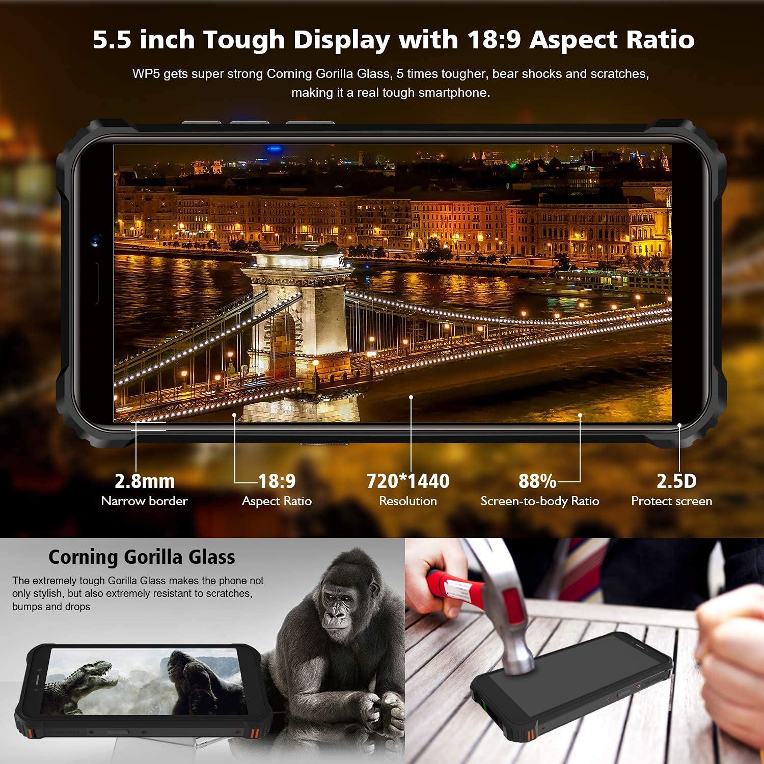 OUKITEL WP5 Rugged Cell Phones, 8000mAh Battery IP68 Waterproof Android 10 Rugged Smartphone, Triple Camera 4GB+32GB 5.5