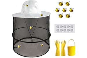 DEMOABEJAS 20 Pcs Beekeeper Set Includes 1 Pcs Beekeeper Veil Hat 7 Pcs Wool Felt Bees 10 Pcs Round Double Sided Tape 1 Pcs Yellow Felt Bucket 1 Pcs Gloves for Bee Keeper Catcher Halloween Costume Cosplay
