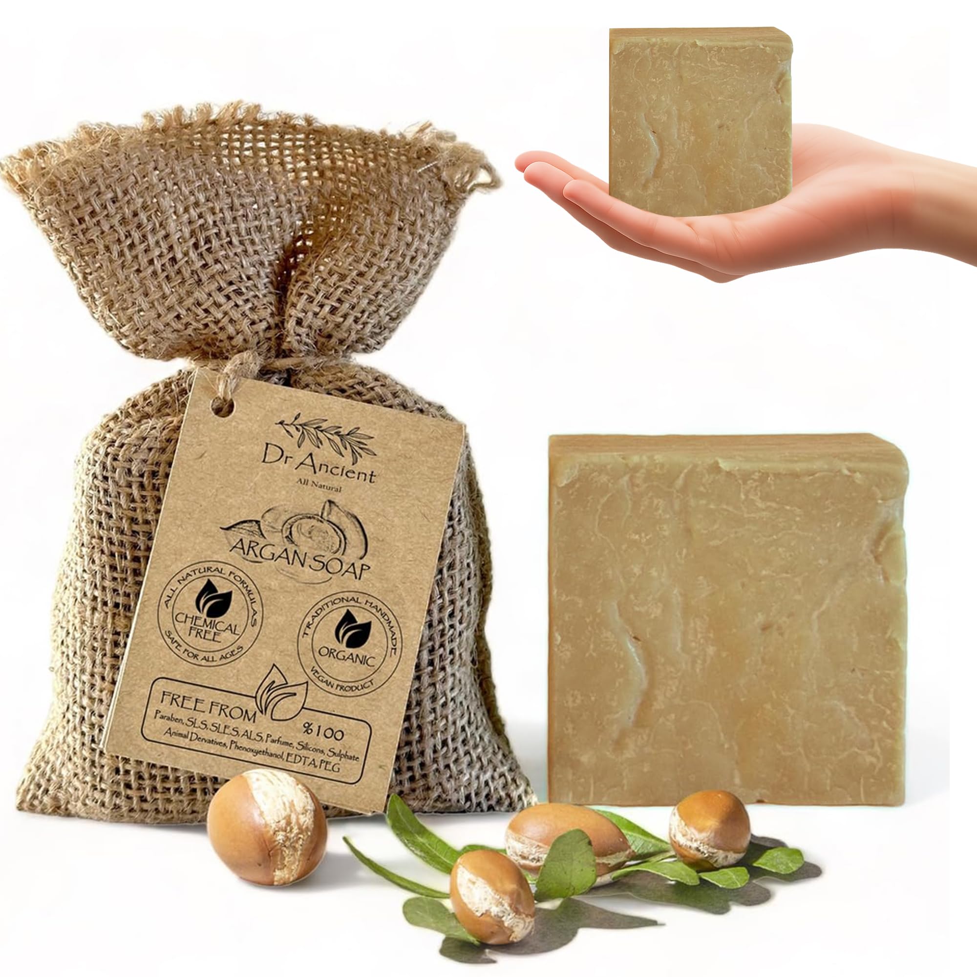 Dr.Ancient Argan Soap Bar, Organic Soap Bars Handcrafted the Traditional Way, Natural Chemical-Free, Vegan, Used for Face Wash, Body Wash, Hand Cleansing and Daily Skin Care, Gentle Cleanser.